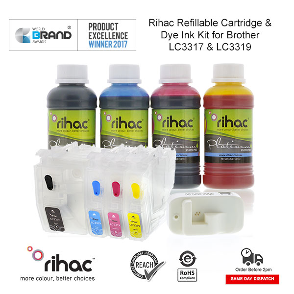 Brother LC3317 LC3319 refillable cartridges with resettable chips for MFC-J5330DW MFC-J5730DW MFC-J6530DW MFC-J6730DW MFC-J6930DW and usb powered chip resetter by rihac