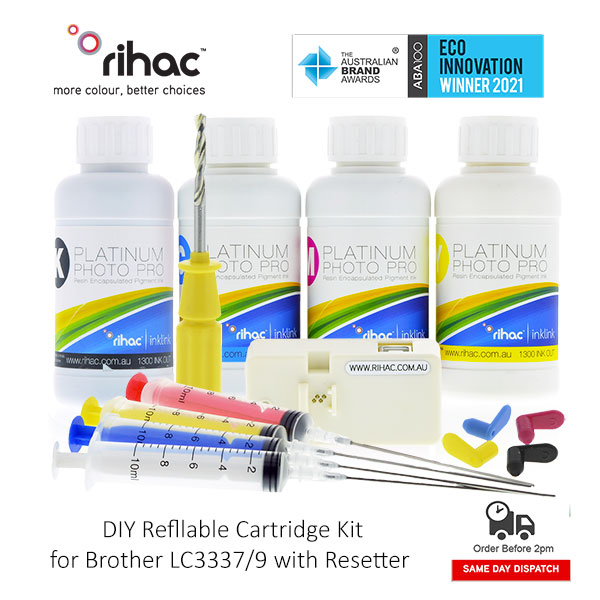 Brother LC3337 LC3339 DIY Inkvestment refillable cartridges Kit for MFC-J5845DW, MFC-J6545DW, MFC-J5945DW and MFC-J6945DW and usb powered chip resetter by rihac instructional infographic how to convert LC3337 lc3339 cartridges to refillable cartridges